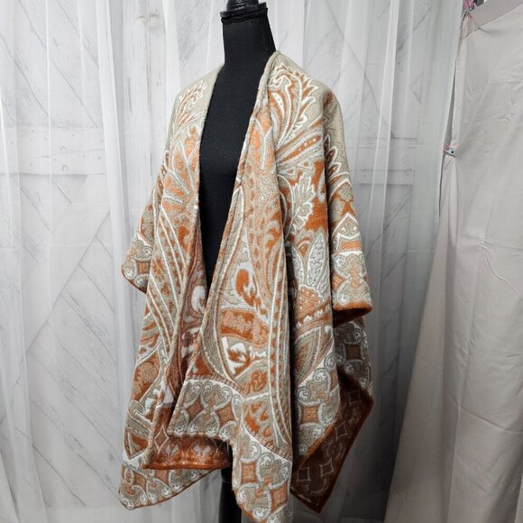 Unbranded Taupe Orange Reversible Paisley Boho Blanket Cape OSFA - Picture 6 of 14